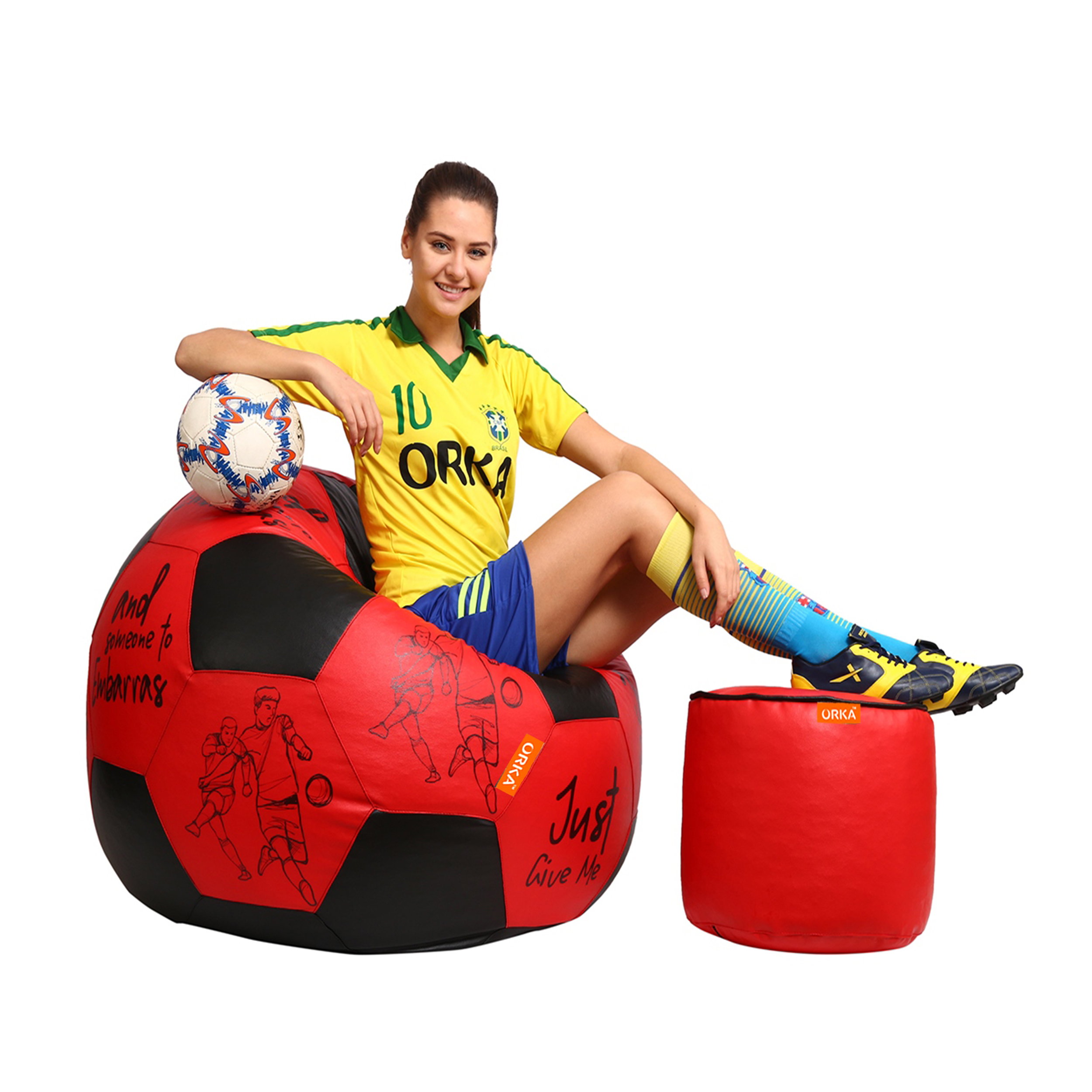 Orka Digital Printed XXXL Foorball With Mathching Footstool Filled Bean Bag With Beans (FB15 Red,Black) view 3